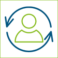 Icon: Flexibilität beim Anbieterwechsel Das Icon zeigt eine Person, die von kreisförmigen Pfeilen umgeben ist.