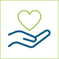 Icon: Kundenfreundliche Angebote Das Icon zeigt eine geöffnete Hand mit einem Herz darüber.