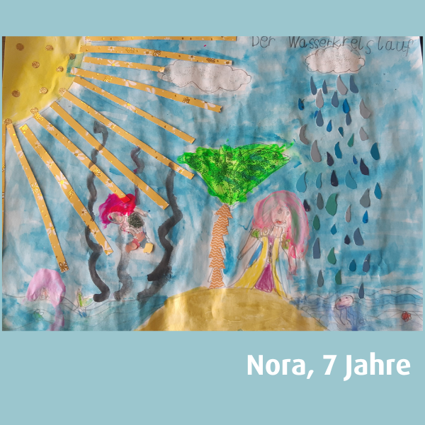 Kinderzeichnung von Sonne, Baum und Regen, von Nora, 7 Jahre
