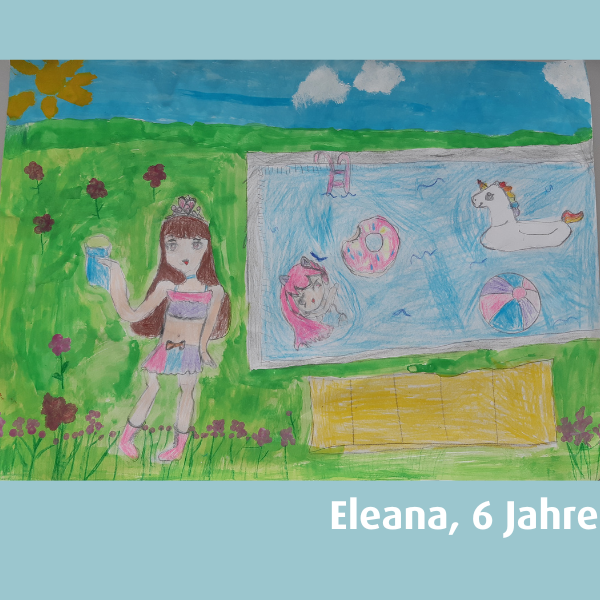 Kinderzeichnung von Mädchen und Pool im Garten, von Eleana, 6 Jahre 