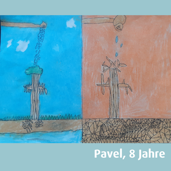 Kinderzeichnung von zwei Bäumen, Tag und Nacht, von Pavel, 8 Jahre 