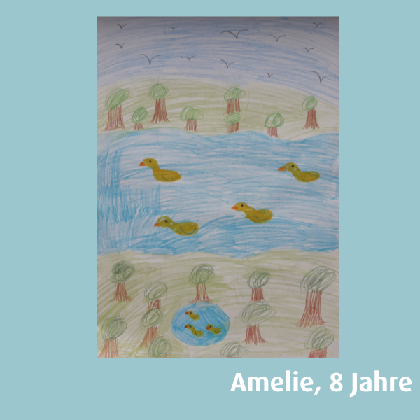 Kinderzeichnung von Enten im Teich, von Amelie, 8 Jahre