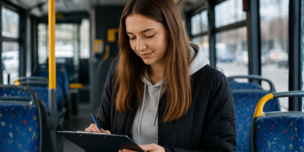 Eine junge Frau mit grauem Hoodie und schwarze Jacke steht im Mittelgang eines Busses und notiert auf einem Zettel etwas mit einem Stift. 