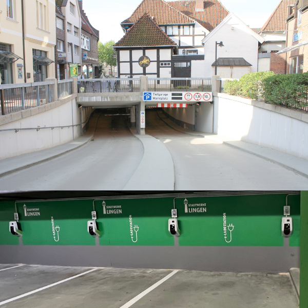 Doppelbild. 1. Tiefgarage, 2. Wallboxen in Tiefgarage