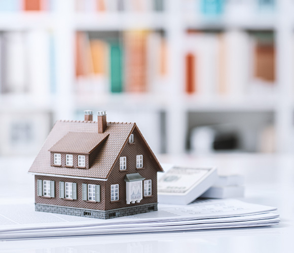 Modellhaus vor Bücherschrank
