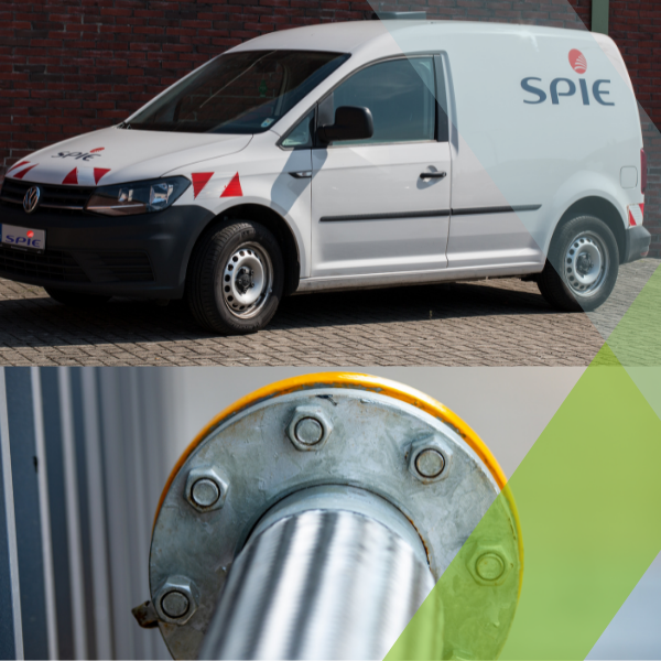 Weißer SPIE-Transporter und Nahaufnahme einer Metallstruktur.