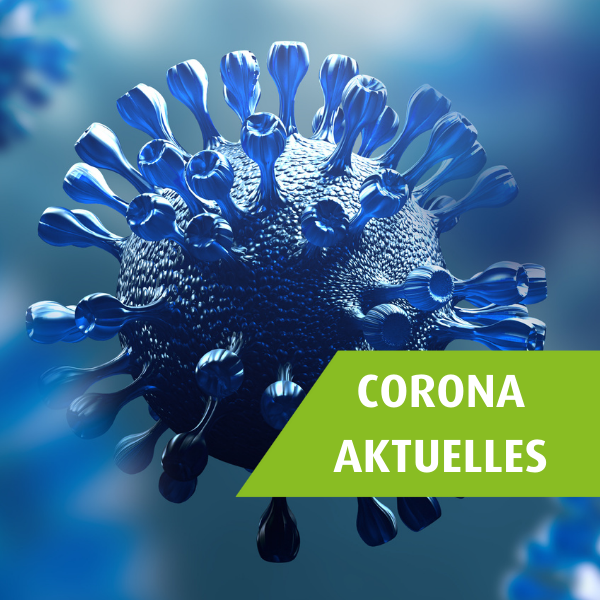 Virusgrafik mit grünem Banner "Corona Aktuelles".