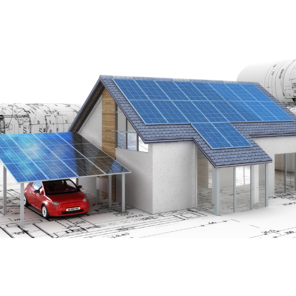 Haus mit Solarpanelen und einem Carport mit rotem Auto.