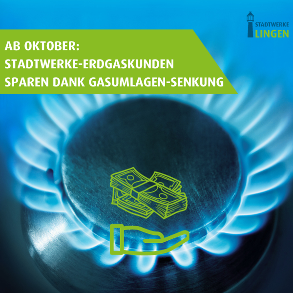 Bild einer Gasflamme und Text: Sparen Dank Gasumlagensenkung