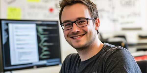 junger Mann lächelt und sitz vor einem Laptop mit Grafiken und Zahlen