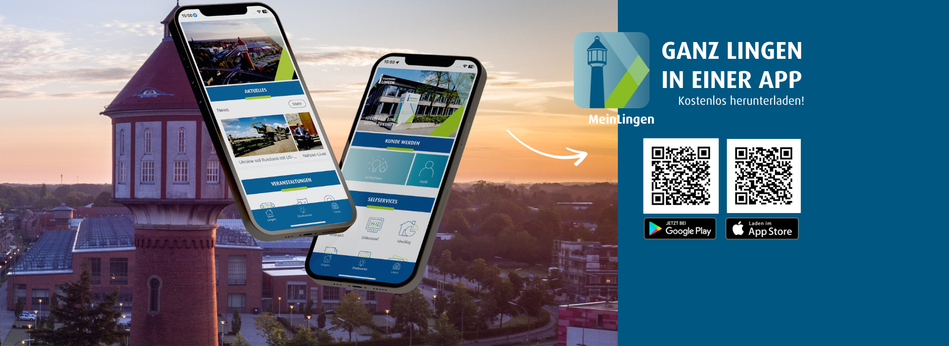 Wasserturm in Lingen mit Smartphones die auf die LingenApp hinweisen