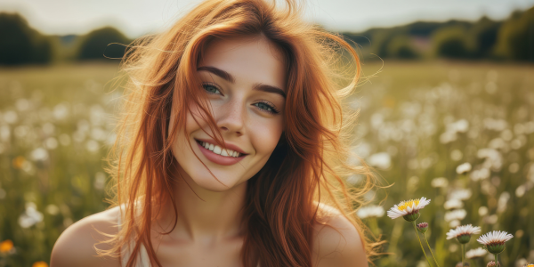 Frau mit rooten Haaren in der Natur lächelt