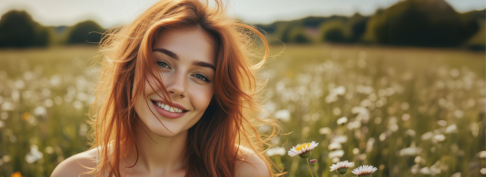 Frau mit roten Haaren auf einer Blumenwiese lächelt