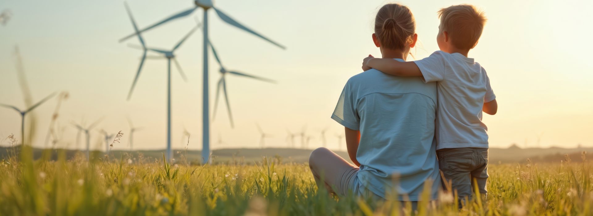 Frau und Kind, im Hintergrund Windmühlen